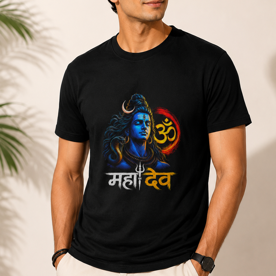 A man wearing a black short-sleeve t-shirt with a colorful graphic of Lord Shiva and the Hindi text 'Maha Dev'.