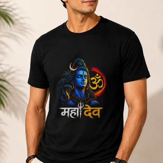 A man wearing a black short-sleeve t-shirt with a colorful graphic of Lord Shiva and the Hindi text 'Maha Dev'.
