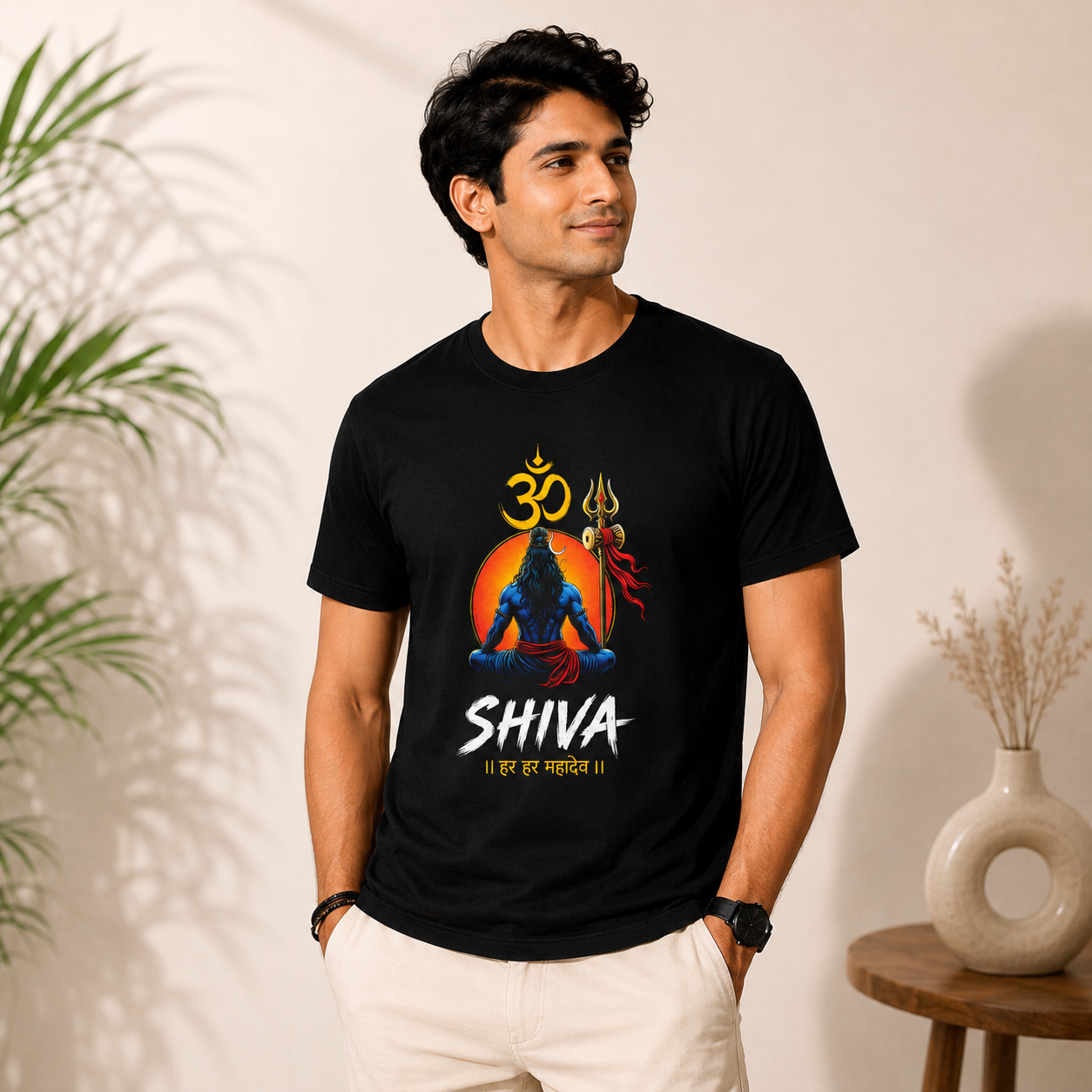 A man wearing a black short-sleeve t-shirt with a colorful graphic of Lord Shiva, an Om symbol, and the word 'SHIVA' printed on the front, paired with off-white pants in a styled indoor setting.