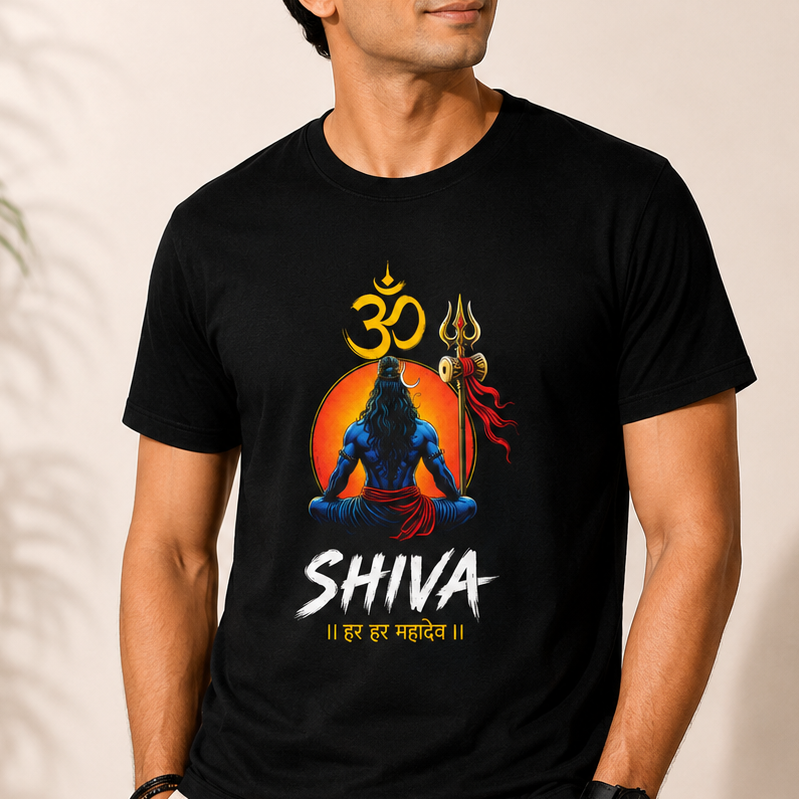 A man wearing a black short-sleeve t-shirt with a colorful graphic of Lord Shiva, an Om symbol, and the word 'SHIVA' printed on the front, paired with off-white pants in a styled indoor setting.